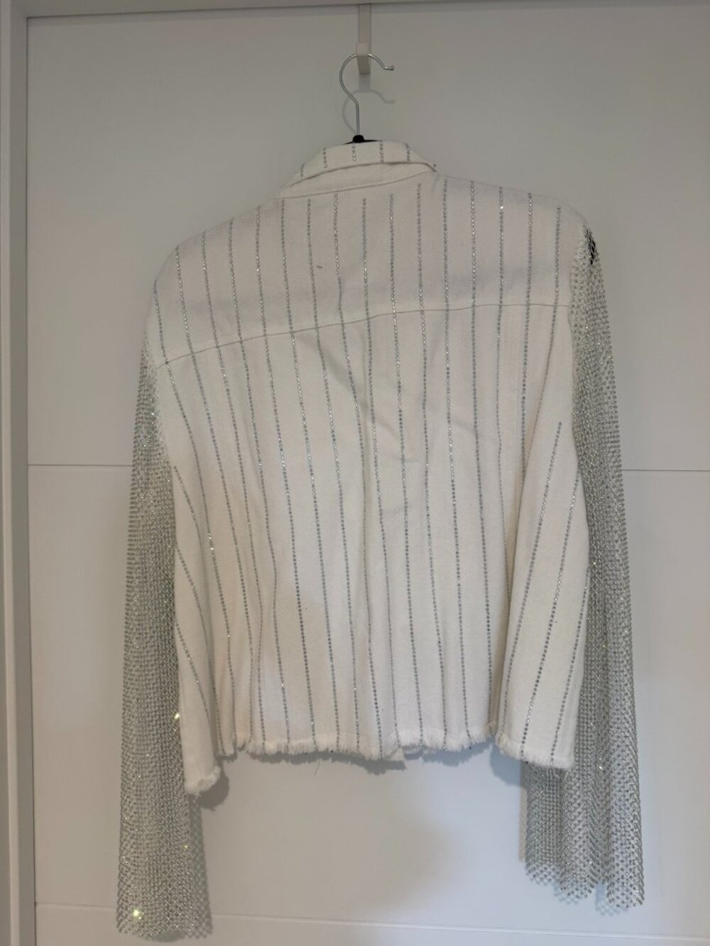 Origami White Rhinestone Denim Jacket Crystal Mesh Sleeves Sz L
